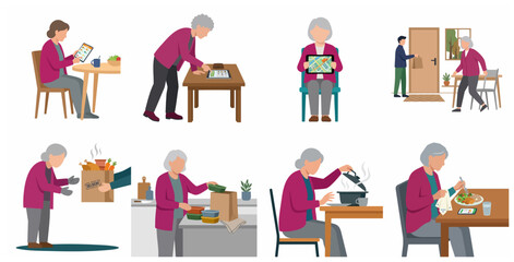 Fototapeta premium Senior woman using digital tablet and mobile app for food delivery service at home vector illustration