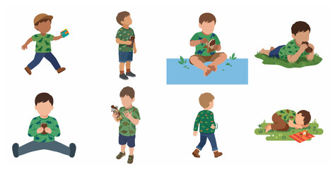 Little boy buying and eating chocolate bar vector illustration set, sequence of a child enjoying sweets from purchase to nap