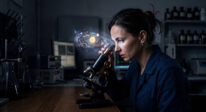 Female scientist looking through a microscope that reveals a glowing miniature galaxy representing scientific discovery in a dark laboratory setting