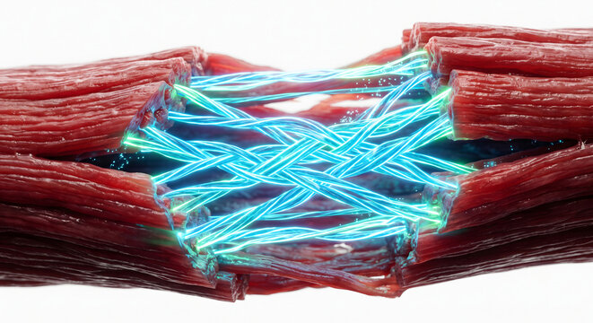 Red muscle fibers connected by glowing blue electrical energy representing nerve signals and muscle contraction