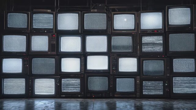 Wall of stacked vintage television sets displaying static and white noise. Lockdown wide shot.