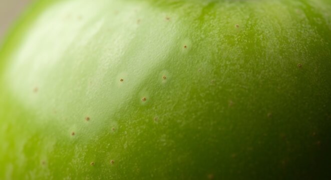 Macro close up of fresh green apple skin texture showing natural details, organic fruit surface and peel patterns