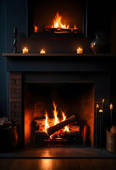 Obraz premium Cozy fireplace with burning logs and candles on the mantelpiece, creating a warm and inviting atmosphere for relaxation, Cozy fireplace with burning logs and flickering flames