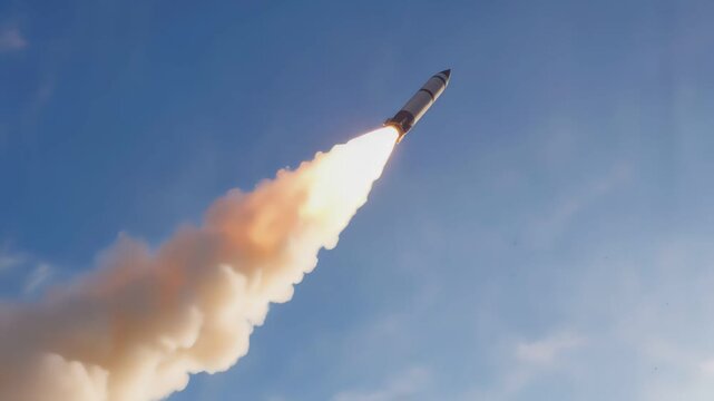 Ballistic missile launching into clear blue sky with thick smoke trail. Lockdown wide shot.