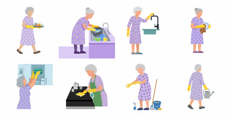 Fototapeta premium Active Senior Woman Doing Household Chores and Cleaning Vector Illustration Set