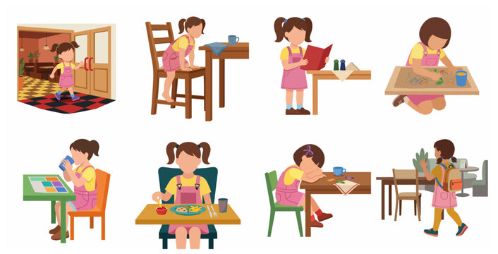 Flat vector illustration set of a little girl's activities and behavior while dining at a restaurant