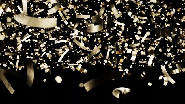Bright golden particles and streamers create a festive and elegant background.