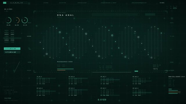 Futuristic HUD UI Displaying Animated DNA Sequence Analysis