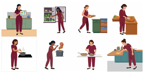 Fototapeta premium Flat vector illustration set of women cooking and performing various kitchen activities like meal preparation, cleaning, and reading recipes in a modern home environment.