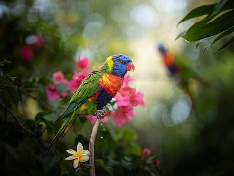 Colorful lorikeet bird sitting on a branch with flowers