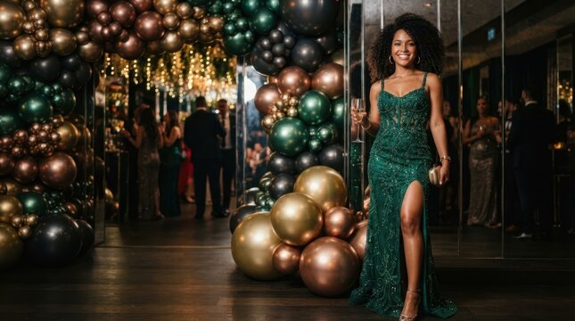 Elegant woman in sparkling green dress at a glamorous party with balloon decor