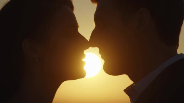 Silhouetted adult couple facing each other at sunset with bright sun flare centered between profiles, warm rim light outlining hair, quiet romantic mood, soft sky glow, elegant close composition