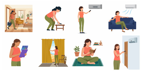 Fototapeta premium Woman Daily Life and Home Comfort Activities Set - Flat Vector Illustrations of Cooling with AC, Relaxing on Sofa, Reading, and Using Tablet
