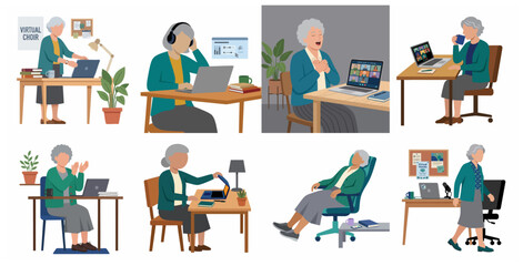 Fototapeta premium Set of senior woman illustrations participating in a virtual choir and using technology at home