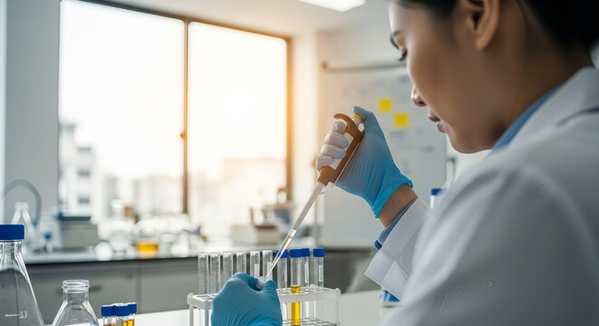 Female Scientist in White Lab Coat Using Micropipette for Research in Modern Biotechnology Laboratory