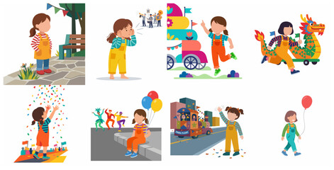 Fototapeta premium Set of flat vector illustrations featuring a little girl enjoying a festive street parade, carnival, and celebration with floats, balloons, and confetti.