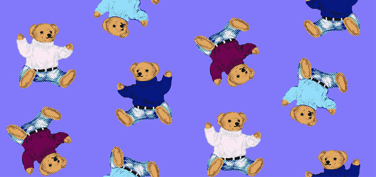 Cute teddy bears wearing sweaters and jeans on a purple background seamless pattern