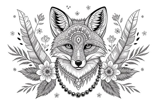 Fox wearing beaded necklace with floral design