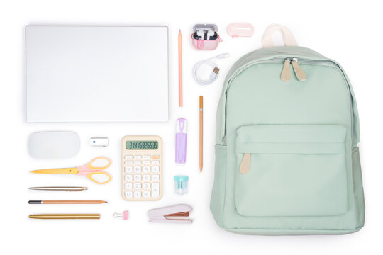 Different stationery school and office supplies with computer electronics isolated on white background