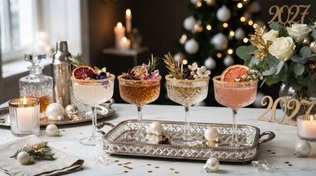 Elegant New Year's Eve cocktails and festive decorations for a celebratory toast