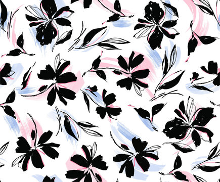 Abstract floral pattern with black brushstroke flowers and pastel watercolor accents on white background