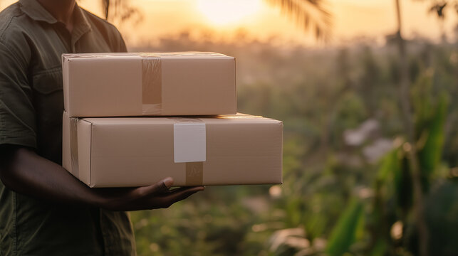 Ai black person stands in nature holding two delivery boxes as the sun sets in the background. Green plants surround the individual, creating a natural environment.