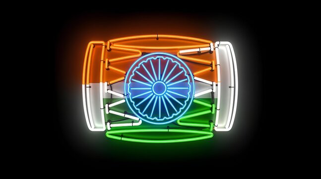 Neon lights stylized as the Indian flag with vibrant tricolor and emblematic Ashoka Chakra illuminated against a dark background