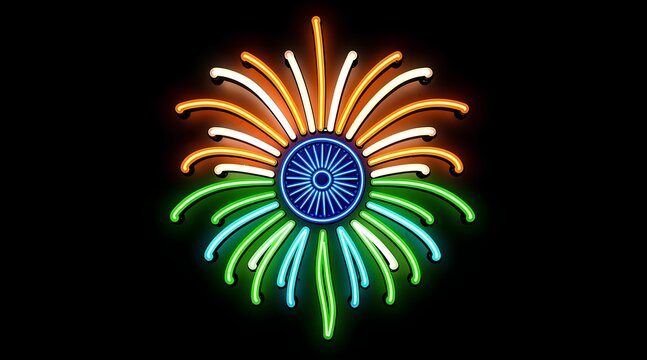 Vibrant neon fireworks display illuminated against a dark night sky featuring multicolored glowing streaks and circular center