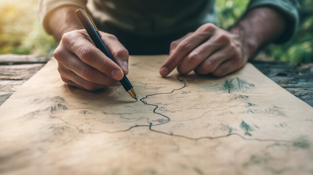 Ai Person drawing on a detailed map while sitting at a wooden table outdoors with a blurred green background