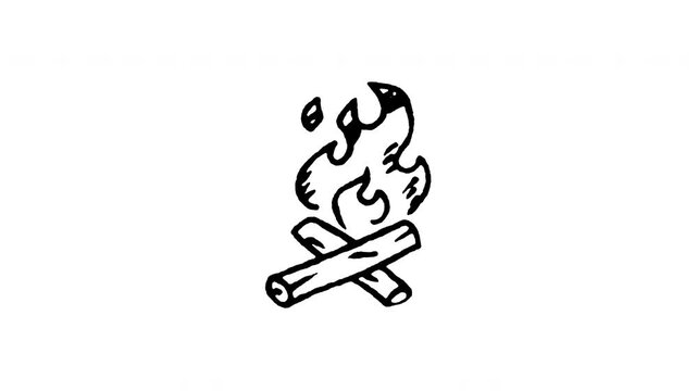Animated doodle flammable material campfire icon. 4K frame by frame line art on black and green screen chroma key background for fire hazard warning, combustion symbol, flammable gas safety.