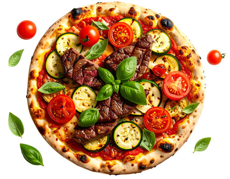 Grilled flatbread pizza with sliced ​​steak, whole cherry tomatoes, sliced ​​zucchini, and basil leaves. isolated on transparent png
