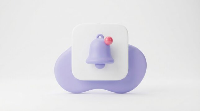 3D purple notification bell icon on white background.