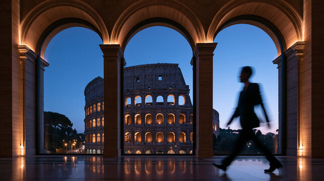 Businessman Walking Past Arched Window with View of Colosseum