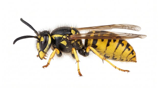 Yellow jacket wasp isolated on white background. Macro profile of a common wasp insect. Detailed yellow and black hornet side view.