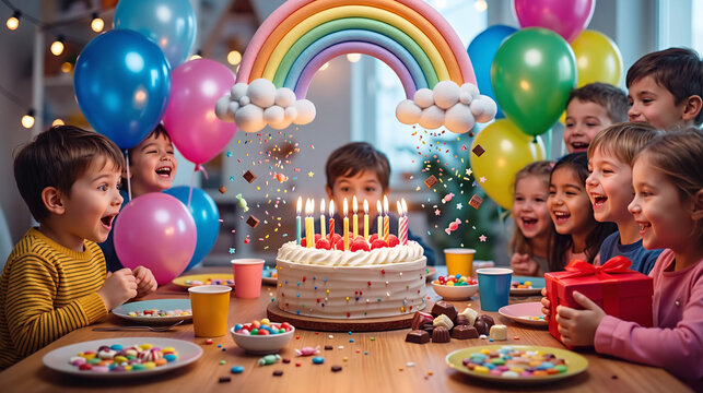 white birthday cake with candles, birthday party for children, children having fun, colorful cake, rainbow, multicolored balloons and sparkles, chocolate, sugar and candies, candles, sweet dessert