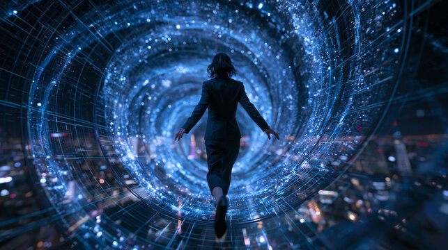 Business Executive Walking Into Futuristic Digital Data Vortex