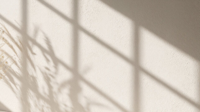 Shadow of Window and Leaves on Textured Beige Wall Background