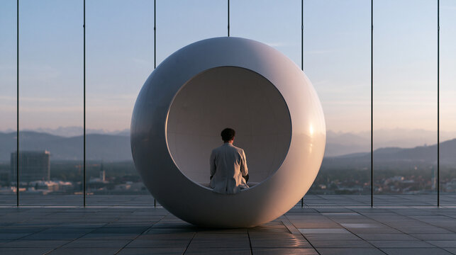 Man Sitting Inside Futuristic Meditation Pod Overlooking City Skyline