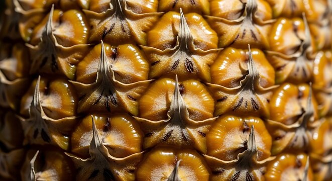 Macro close-up of the yellow pineapple skin texture showing the organic geometric patterns and detailed scales of a ripe tropical fruit
