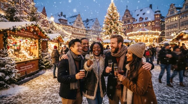 Diverse friends celebrating Christmas market with drinks and snow falling