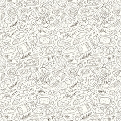 Naklejka premium Intricate outline pattern of wine bottles and food items