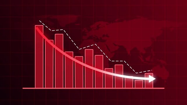 Animated Red Bar Chart with Falling Arrow and Downward Trend Line on Global World Map, Business Decline and Financial Loss Concept