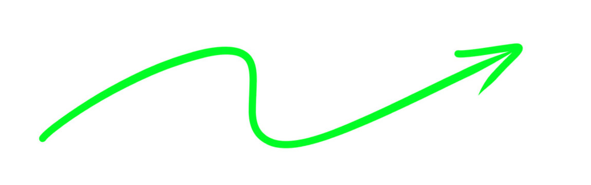 Bright green wave curved arrow pointing right on white background