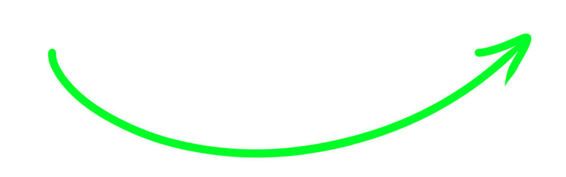 Green smiling curved arrow vector pointing right on white background