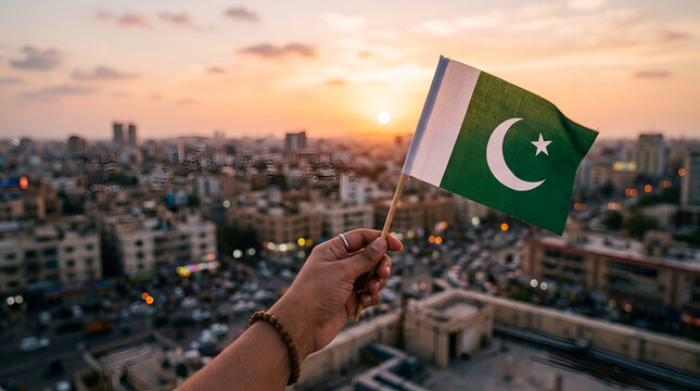 Hand holding Pakistan flag at sunset