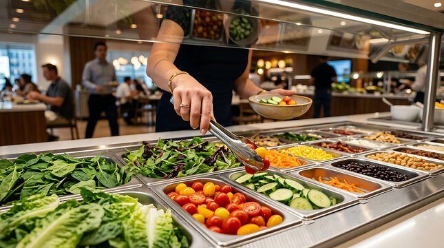 A woman carefully selects fresh, healthy ingredients from a vibrant, well-stocked salad bar in a modern corporate cafeteria, promoting nutritious eating habits and personal wellness