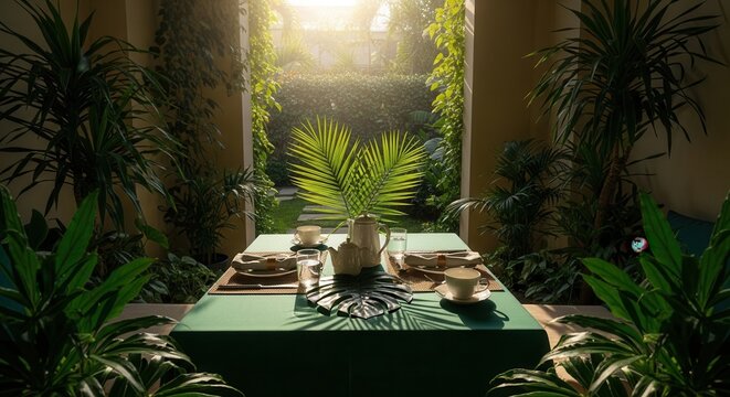 Serene Outdoor Breakfast Setting Amidst Lush Tropical Garden Ambiance