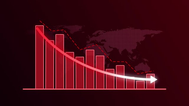 Animated Red Bar Chart with Falling Arrow and Downward Trend Line on Global World Map, Business Decline and Financial Loss Concept
