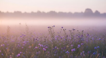 Naklejka premium Dreamy landscape of purple wildflowers blooming in a serene meadow blanketed by soft morning mist during a tranquil sunrise in early spring