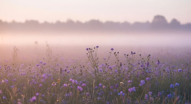 Dreamy landscape of purple wildflowers blooming in a serene meadow blanketed by soft morning mist during a tranquil sunrise in early spring